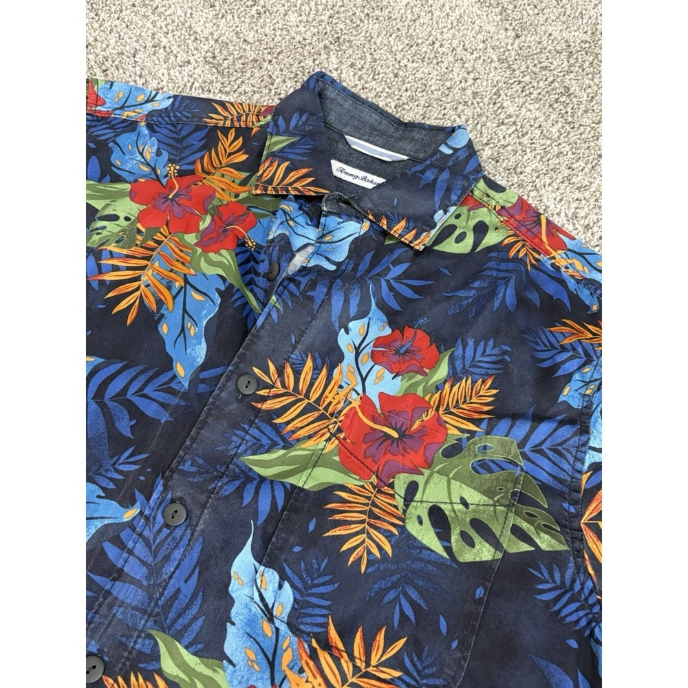 Tommy Bahama Mens Medium Tropical Floral Hibiscus Button Down Shirt Navy Blue